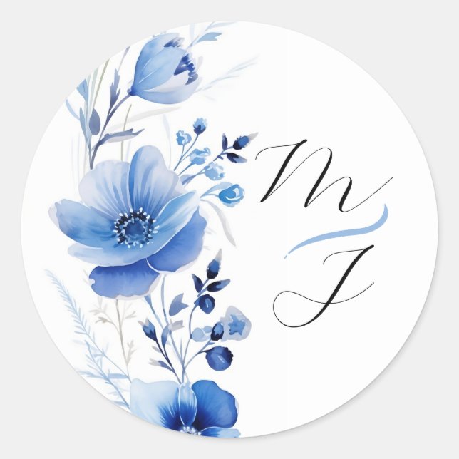 Sticker Rond Botanique Aquarelle Fleurie Bleue  (Devant)