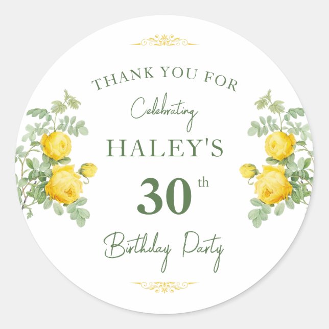 Sticker Rond Botanique Chic Fleur Jaune & Vert 30e Anniversaire (Devant)