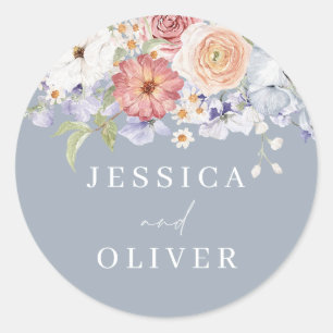 Sticker Rond Botanique Floral Dusty Blue Mariage Fiançailles