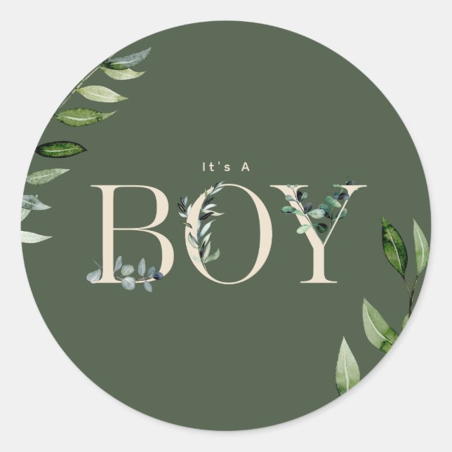 Sticker Rond Botanique Floral Letting vert Beige Boy Baby (Devant)
