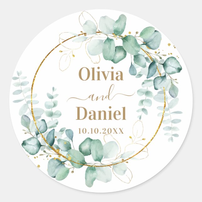 Sticker Rond Botanique Or Vert Personnaliser Pour Mariage (Devant)