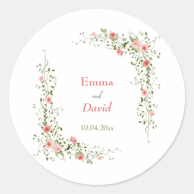 Sticker Rond Botanique rose Roses mariage rustique (Devant)