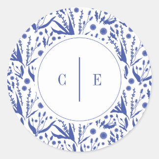 Sticker Rond Botaniques classiques élégants en Mariage bleu