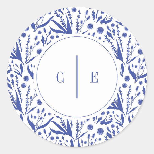 Sticker Rond Botaniques classiques élégants en Mariage bleu (Devant)