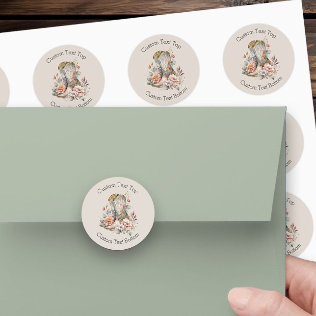 Sticker Rond Botte de cow-girl occidentale florale Boho Neutre (Custom Stickers from my Boho Floral Cowgirl Boots Quinceanera Collection)