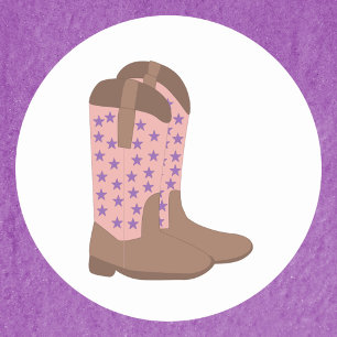 Sticker Rond Bottes Cowboy rose Brown avec étoiles violettes