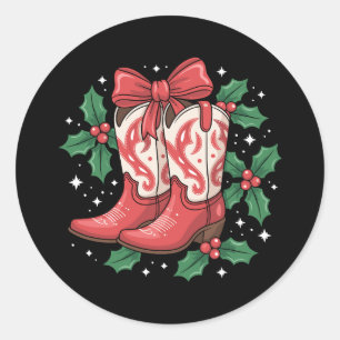Sticker Rond Bottes de cowboy de Noël Holly Bow Western Country