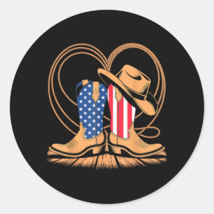 Sticker Rond Bottes de cowboy patriotiques cœur drapeau américa
