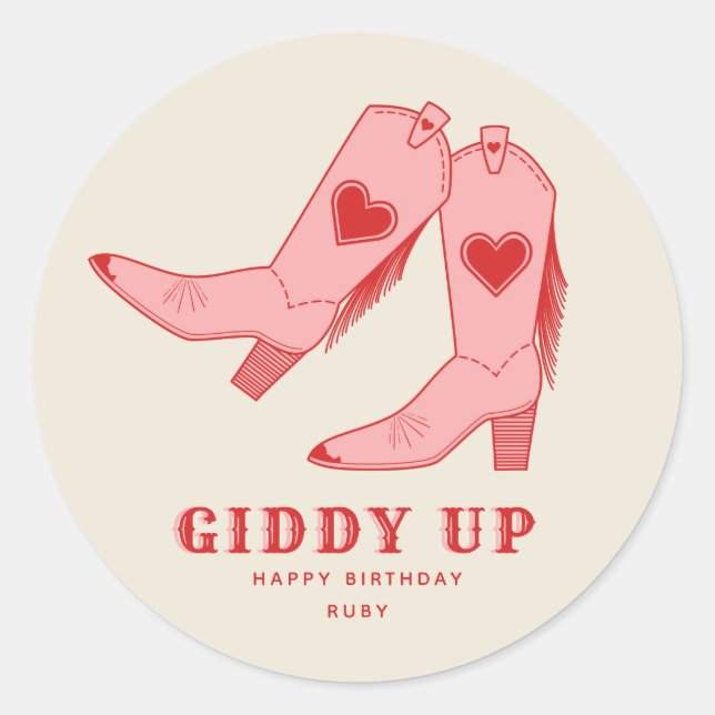 Sticker Rond Bottes de Cowgirl Rose Fous pour Anniversaire (Devant)