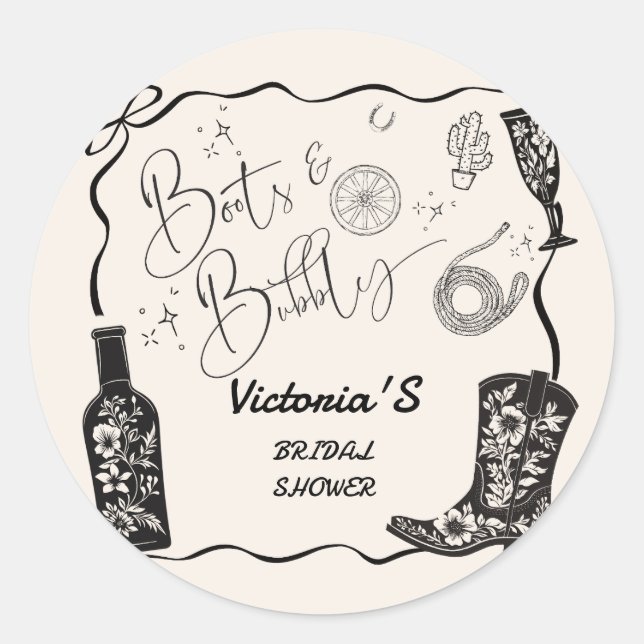 Sticker Rond Bottes et Champagne Pétillant Mariage Western (Devant)