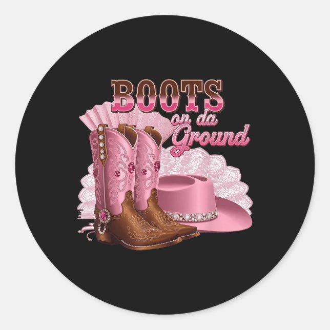 Sticker Rond Bottes Sur Le Sol, Boot Cowgirl Pink Western Cou (Devant)