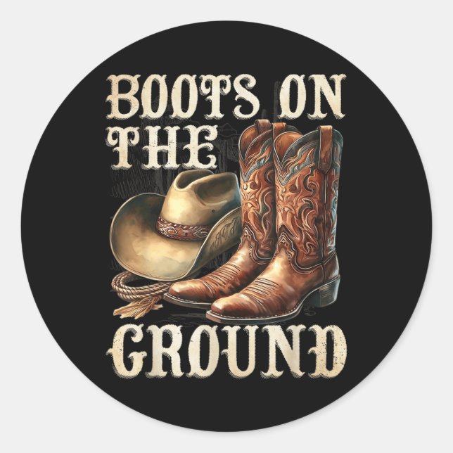 Sticker Rond Bottes Sur Le Terrain Boot Cowboy Western Cowgirl  (Devant)