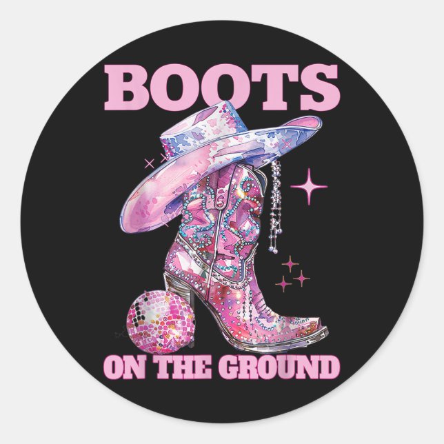 Sticker Rond Bottes Sur Le Terrain Boot Cowboy Western Cowgirl  (Devant)