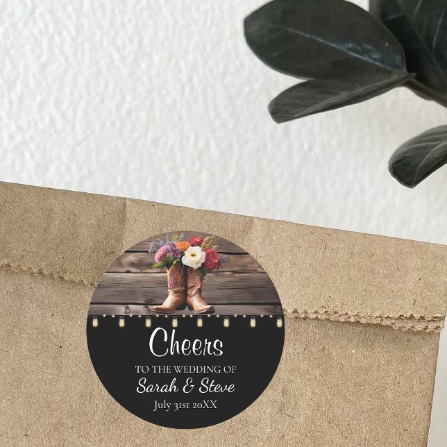 Sticker Rond Bottes Western Cowboy Floral Elegant Mason Jar (Rustic Wedding Favor Sticker Wildflower Cowboy Boots Ranch)