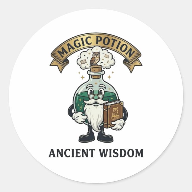 Sticker Rond Botto Ancient Wisdom Wizard Magic Potion Owl Retro (Devant)