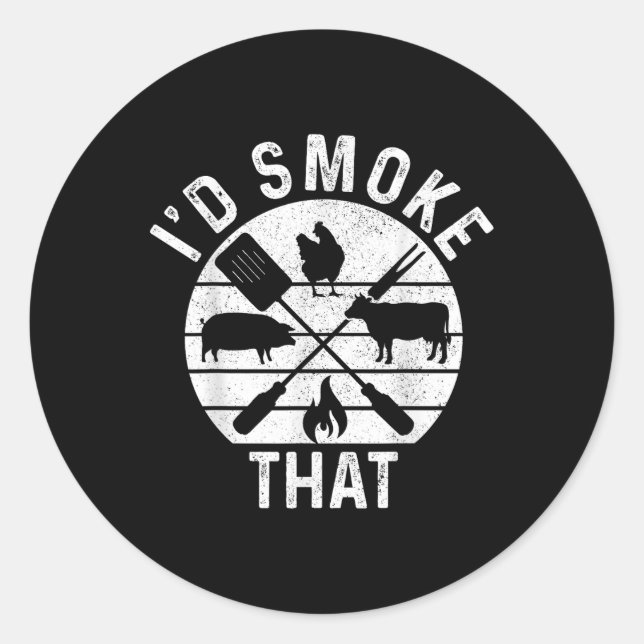 Sticker Rond Boucher Chef Bbq Id Fumer Que Le Boeuf De Porc Gro (Devant)