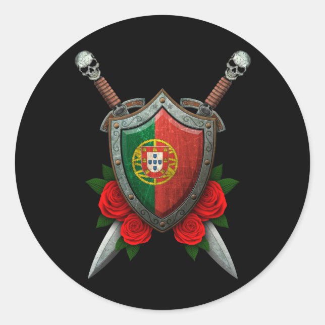 Sticker Rond Bouclier Drapeau Portugais usagé et épées avec Ros (Devant)