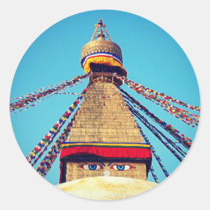 Sticker Rond Boudhanath Stupa, Boudha Eyes, Himalayas, Népal