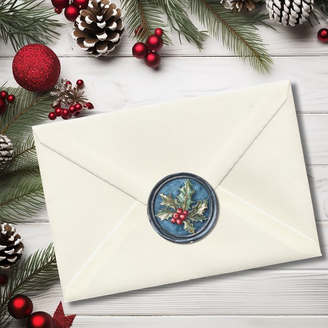 Sticker Rond Bougie de Noël Blue Holly en cire fausse (Blue Holly Christmas Faux Wax Classic Round Sticker)