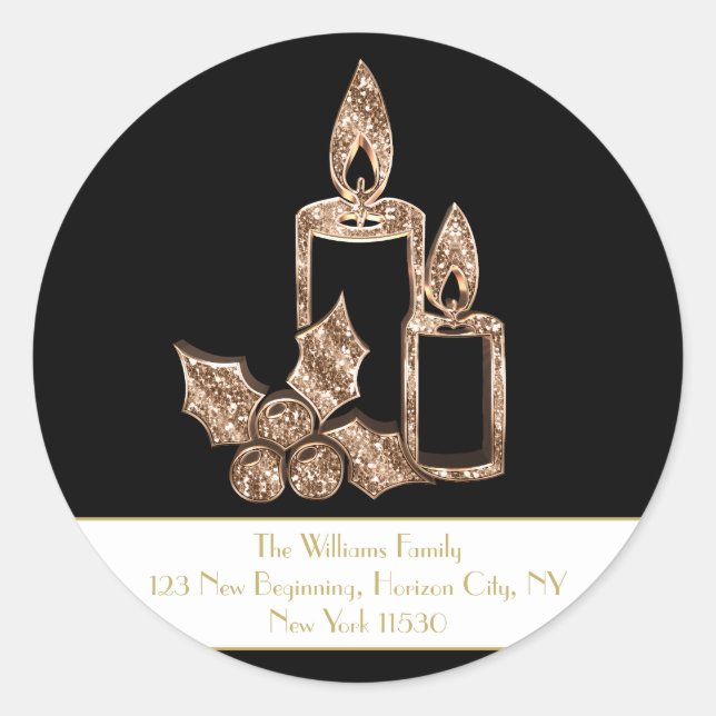 Sticker Rond Bougie de Noël Holly Noir et Blanc Script or (Devant)