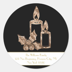 Sticker Rond Bougie de Noël Holly Noir et Blanc Script or