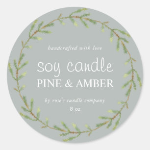 Sticker Rond Bougie de soja fait maison brindille de pin gris p