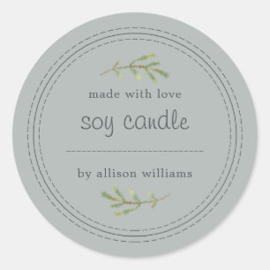 Sticker Rond Bougie De Soja Faite Maison Pine Sprig Écrire Gris