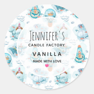 Sticker Rond Bougie ou savon d'aquarelle de mignonne baleine ma