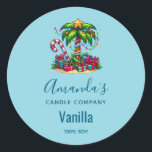 Sticker Rond Bougie Tropical Christmas Palm Tree Business<br><div class="desc">Bougie,  savon,  autocollants de produits de cuisine avec une image de vacances saisonnière. Un palmier tropical orné de lumières festives surmonté d'une étoile. Un sucre de canne géant rouge et blanc qui sort du sable. Cadeaux de Noël sous l'arbre. Whimsical et amusant.</div>