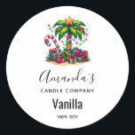 Sticker Rond Bougie Tropical Christmas Palm Tree Business<br><div class="desc">Bougie,  savon,  autocollants de produits de cuisine avec une image de vacances saisonnière. Un palmier tropical orné de lumières festives surmonté d'une étoile. Un sucre de canne géant rouge et blanc qui sort du sable. Cadeaux de Noël sous l'arbre. Whimsical et amusant.</div>