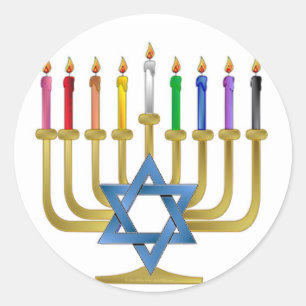 Sticker Rond Bougies arc-en-ciel de Hanukkah Menorah en or