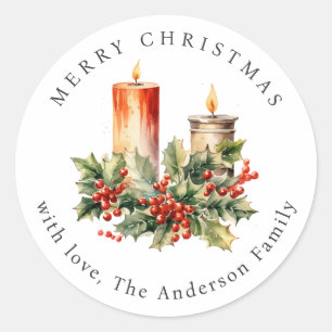Sticker Rond Bougies Baies Rouges Houx Noël Fêtes