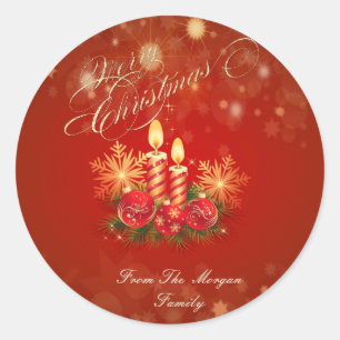 Sticker Rond Bougies de Noël Élégantes Rouges, Boules ,Flocons 