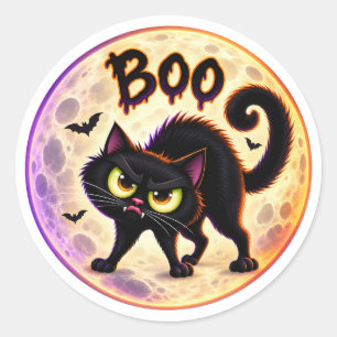 Sticker Rond Bouh ! Chat noir grincheux et Halloween pleine lun