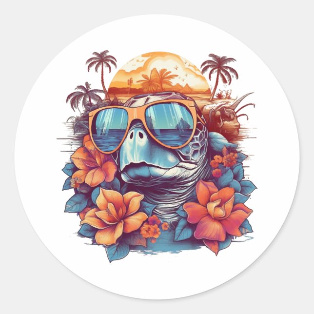 Sticker Rond Bouilloire avec lunettes de soleil à la plage (Devant)
