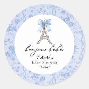 Sticker Rond Boujour Bebe Paris Toile Baby shower bleu