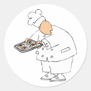 Sticker Rond Boulanger Chef de Dessin Animé Drôle avec Plateau
