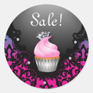 Sticker Rond Boulangerie Cupcake Rétro Rose Vert Damas Noir