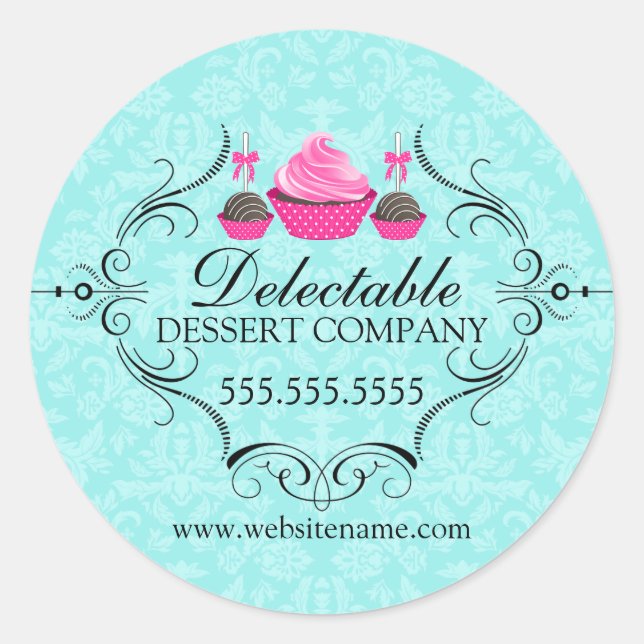 Sticker Rond Boulangerie Damask Aqua Pink Cupcake Cake Pops (Devant)