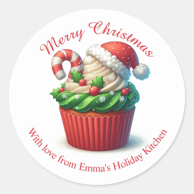 Sticker Rond Boulangerie de Noël Joyeux Cupcake Red Green Stick (Devant)