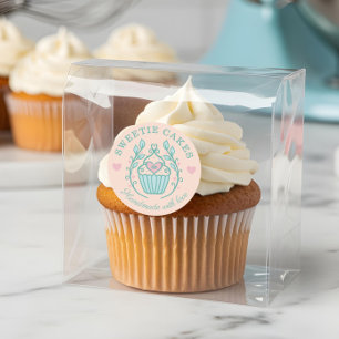 Sticker Rond Boulangerie de style floral Cupcake Logo rose pâle