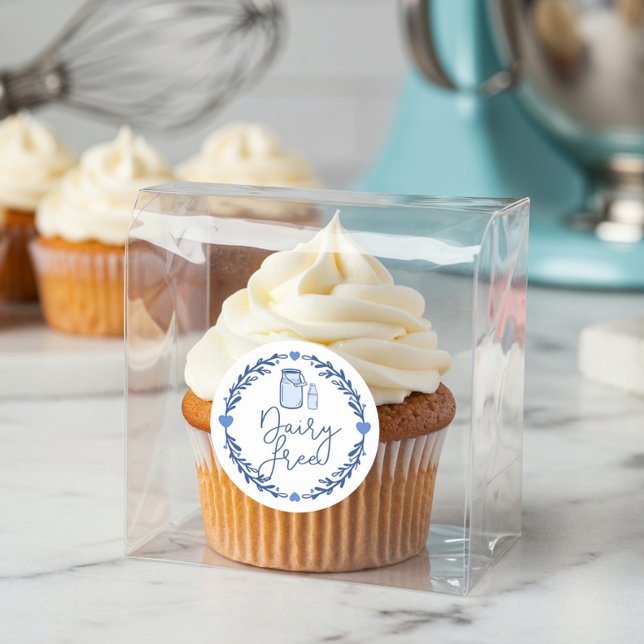 Sticker Rond Boulangerie Lait Lait Gratuit Jug & Couronne Bleu  (Bakery Dairy Free Milk Jug & Wreath Blue & White Classic Round Sticker)