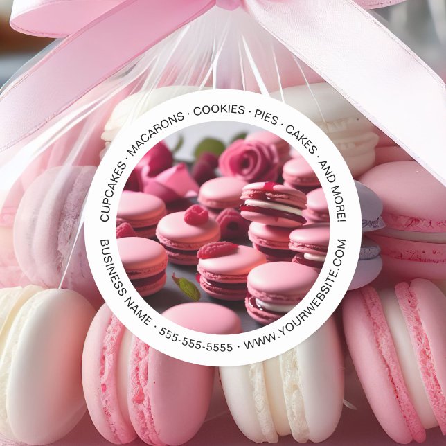 Sticker Rond Boulangerie Photo personnalisée Macarons Blanc (Bakery Custom Photo Macarons White Classic Round Sticker)
