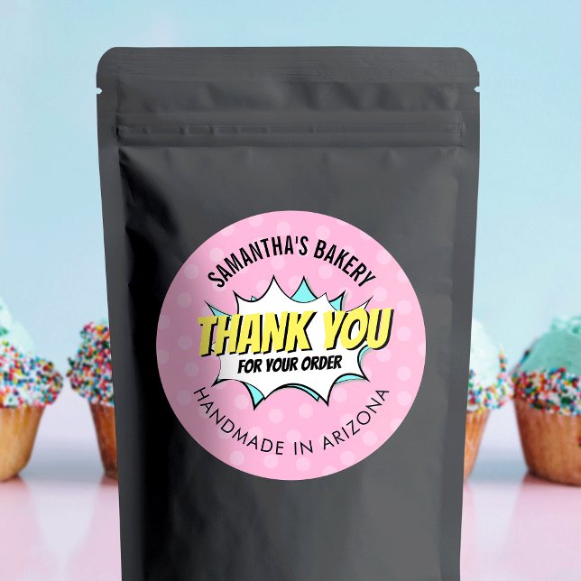 Sticker Rond Boulangerie Rose Rétro Amusants Merci Pour Command (Add the finishing touch to your products & packages with these retro Business Thank You Stickers)