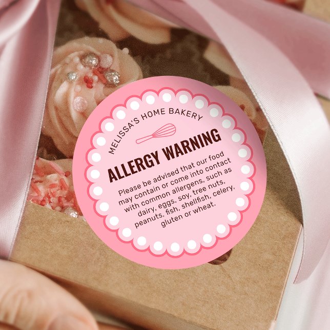Sticker Rond Boulangerie rose Sécurité alimentaire Allerges Ale (feminine blush pink allergy warning food labels with retro frame motif)