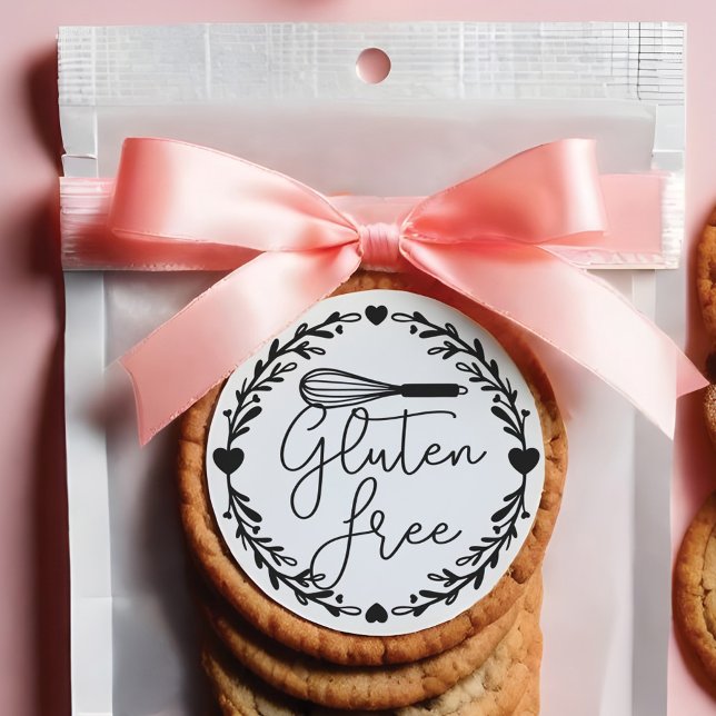 Sticker Rond Boulangerie sans gluten Whisk & Wreath noir & blan (Gluten Free Bakery Whisk & Wreath Black & White Classic Round Sticker)