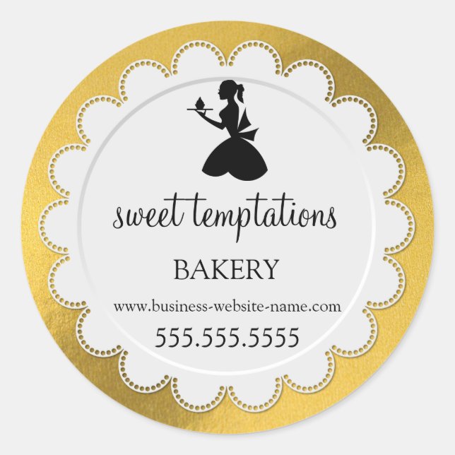 Sticker Rond Boulangerie Silhouette Lady Cupcake Faux Gold Foil (Devant)