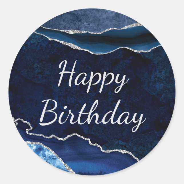 Sticker Rond Boule d'agate bleu et argent pour anniversaire (Devant)