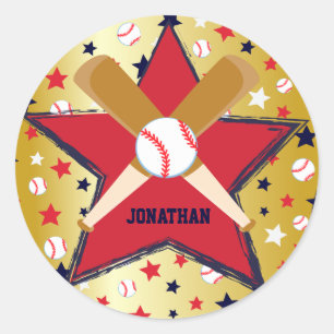 Sticker Rond Boule de baseball personnalisée et Stars Gold