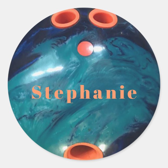 Sticker Rond Boule de bowling orange en marbre bleu personnalis (Devant)